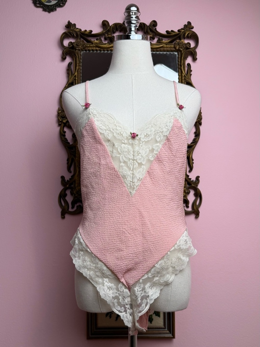 Victoria's Secret Gold Label Vintage Pink Lace Trim Teddy Lingerie Medium